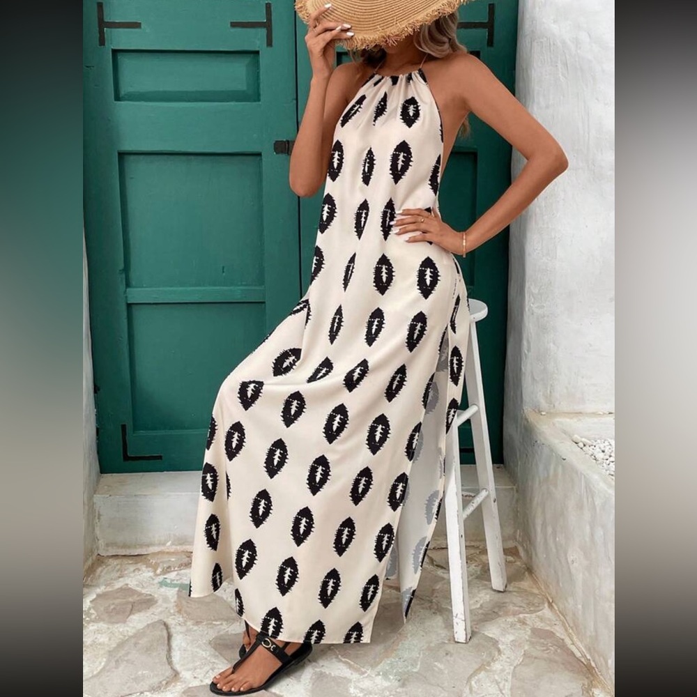 SHEIN Cream Halter Sundress Backless Resort Wear